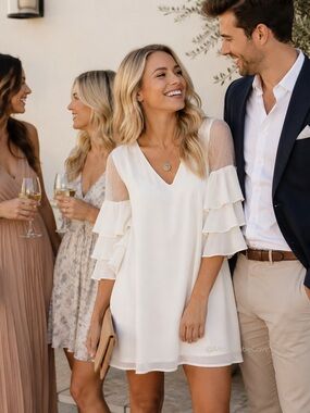 Ivory Ruffle Sleeve V-Neck Coquette Bridal Mini Swing Dress
